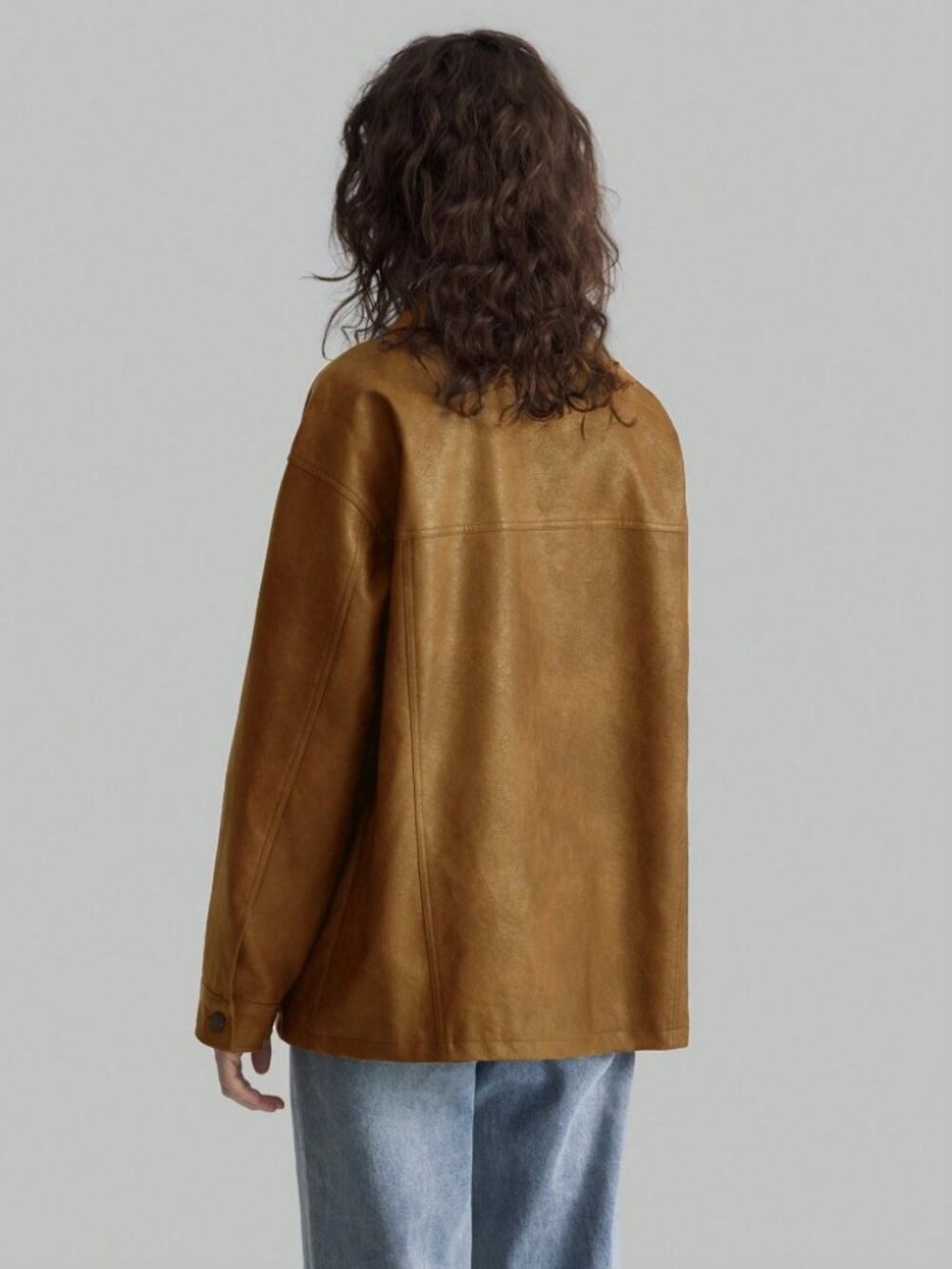 Camel Faux Leather Snap Front Jacket with Flap Pockets - Picture 2 of 9